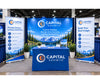 What is the best way to combine a fabric backdrop, counter, and banner stands?