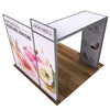 Alpine Booth A (Graphic Package) Display stand with floral design and shoe packaging on a wooden floor.