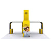 Modco® 5 - 30x30 Graphic Package Yellow promotional standee with a person holding a camera on a white background
