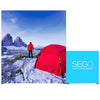 10x10 SEGO Modular Lightbox Display Configuration D Double - Sided (Graphic Package) Red tent in a snowy landscape with a person standing nearby, featuring the 'SEGO' brand on a lightbox.