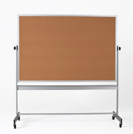 Cork bulletin board on wheels with a white frame against a white background